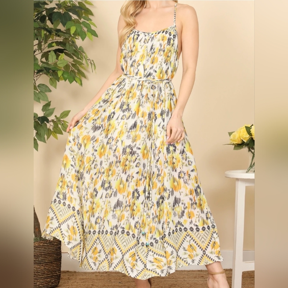 Long floral dress 100% rayon OLIVACEOUS talla L - Picture 2 of 10